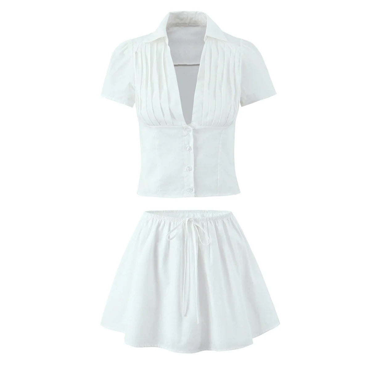 LIZAKOSHT  -  Women Y2k Casual 2 Piece Set Button Up Shirt French Style Short Sleeve T Shirt High Waist Mini Skirt Korean Suits