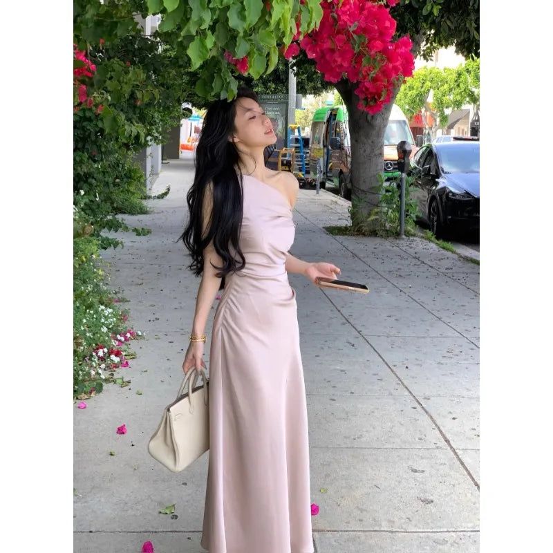 LIZAKOSHT  -  French Temperament Satin Dress New Summer Oblique Shoulder Sling Collar Fishtail Skirt for Women
