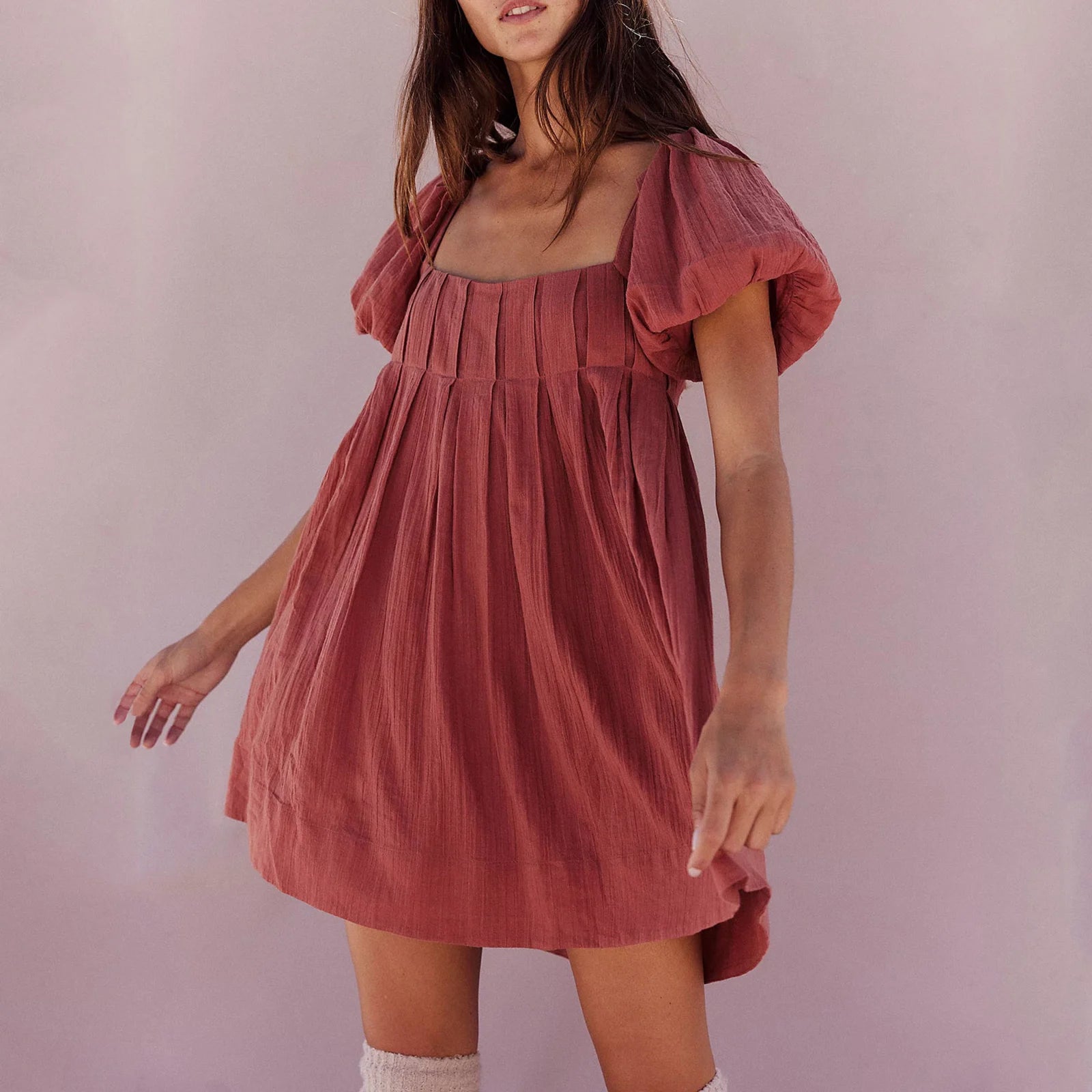 LIZAKOSHT  -  Women Y2k Puff Sleeve Babydoll Short Dress Square Neck Tie Back Mini Dress Flowy Solid Color Summer Vacation Dres