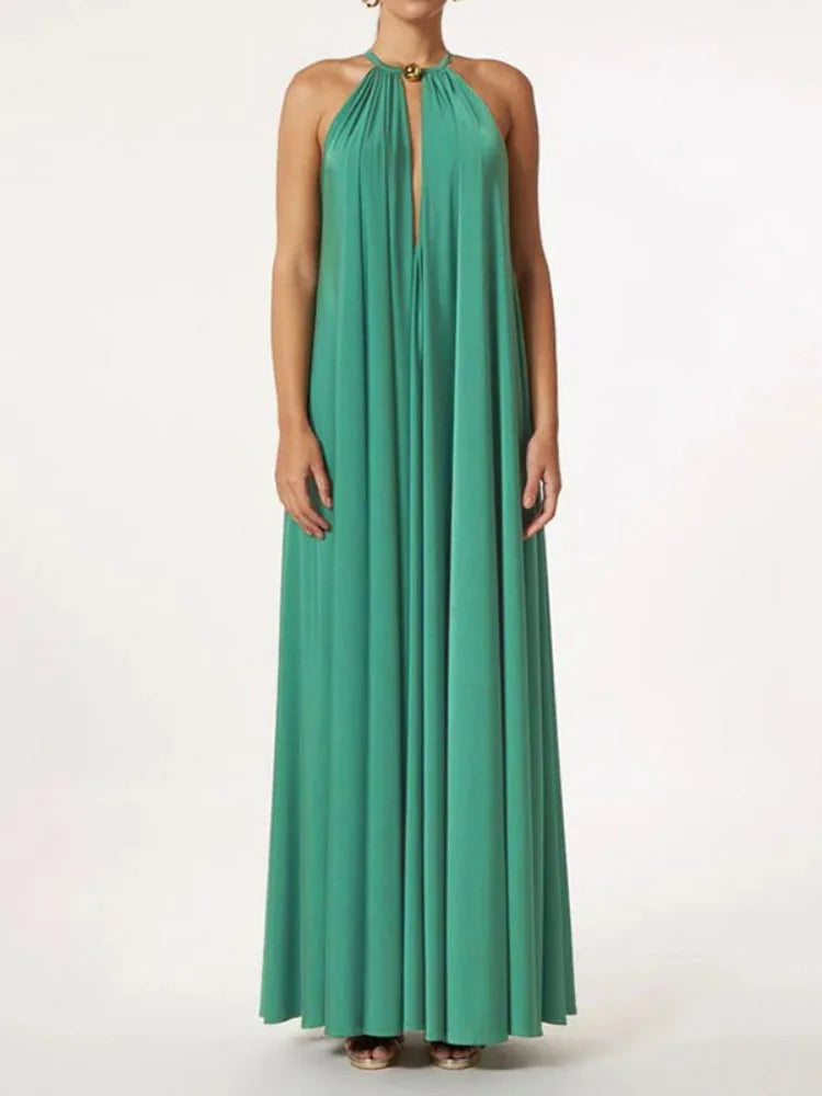 LIZAKOSHT  -  Women's Vibrant Yellow Halter Wrap Maxi Dress Deep V-neck Sexy Pleated Long Evening Dresses Elegant Photoshoot Dress
