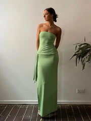 LIZAKOSHT  -  Sexy Strapless Women Bodycon Maix Dress Elegant Backless Sleeveless Pleated Knot Dresses 2024 Summer Lady Party Club Solid Robes