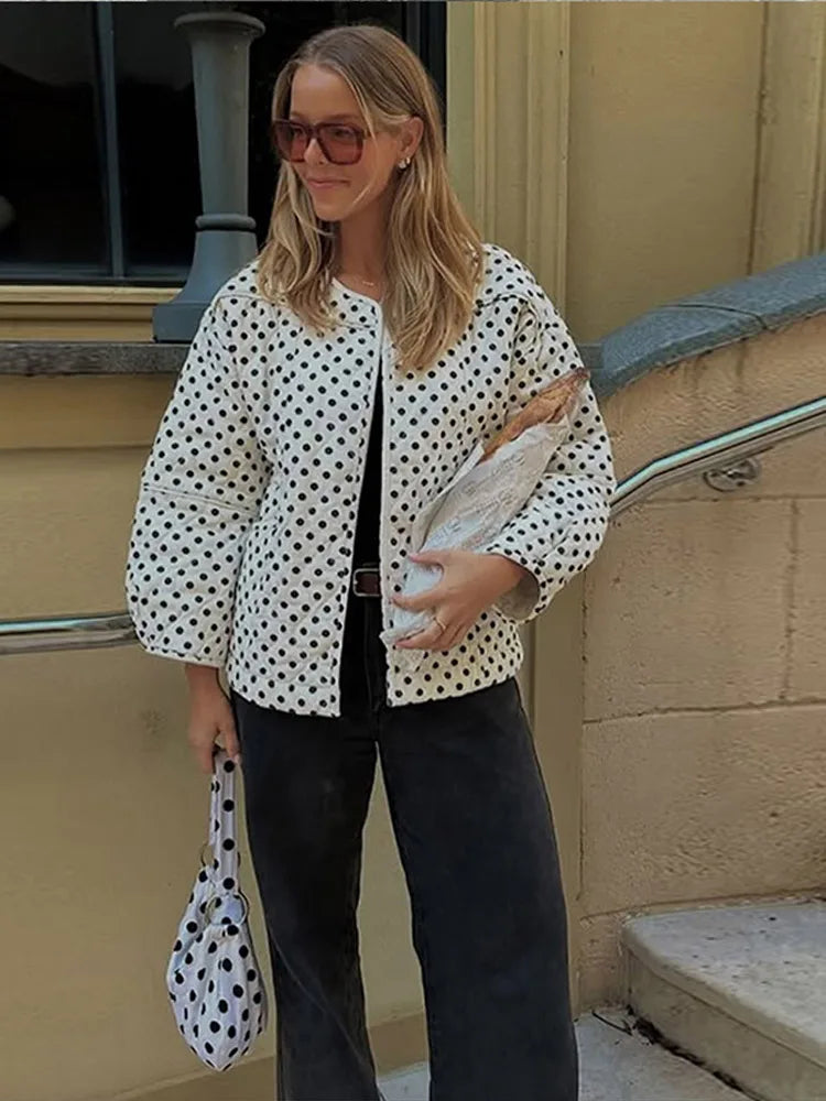 LIZAKOSHT  -  Polka Dot Cotton Jacket Women Long Sleeve O-neck Thicken Warm Autumn Female Coat Lined Winter Casual Street Outwear Top