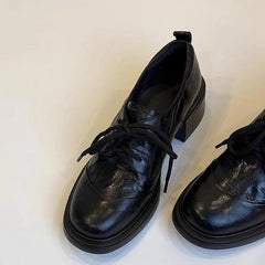 LIZAKOSHT  -  Shoes Women's British Style Retro Soft Leather Round Toe Lace Up Loafers for Commuting Versatile Thick Heeled Leather Shoes