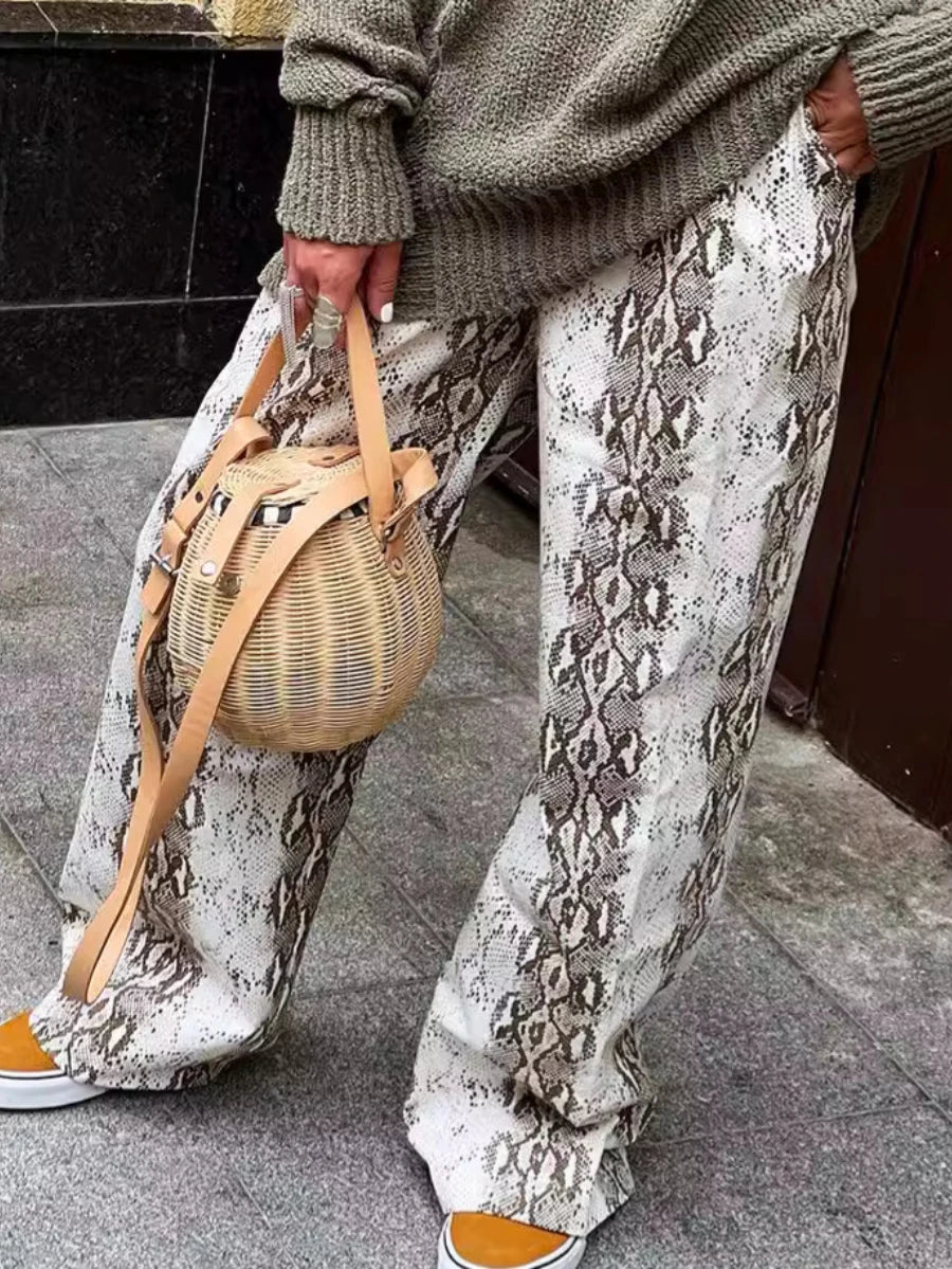 LIZAKOSHT  -  Women's Snake Patterned Pants Summer Loose High Waisted Retro Chic Niche Casual Temperament Commuting Wide Leg Pants