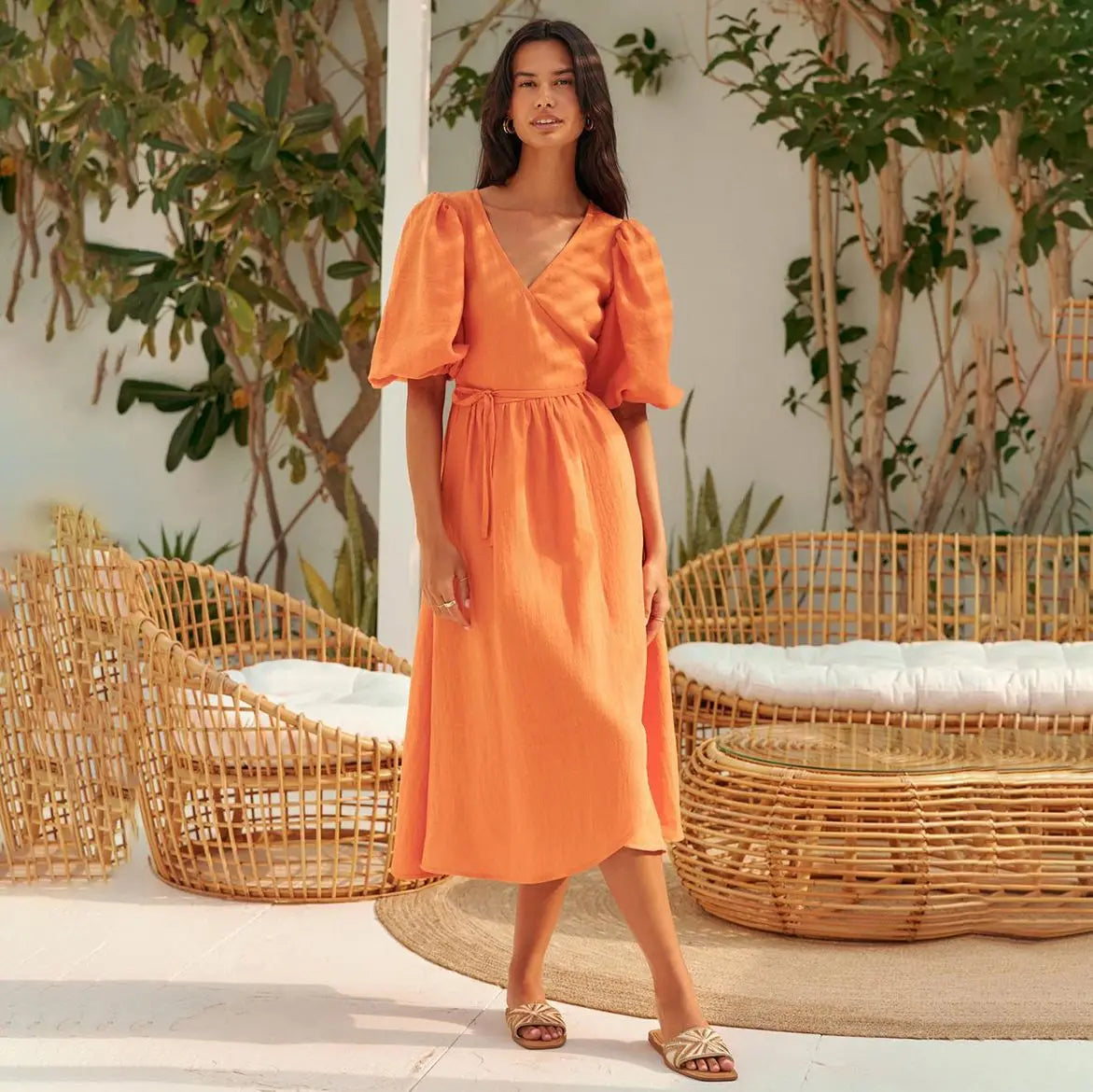 LIZAKOSHT  -  100% Cotton Women Fashion Puff Sleeve V-Neck Long Dress High Waist Elegant Boho Maxi Dress Vestidos Clothes