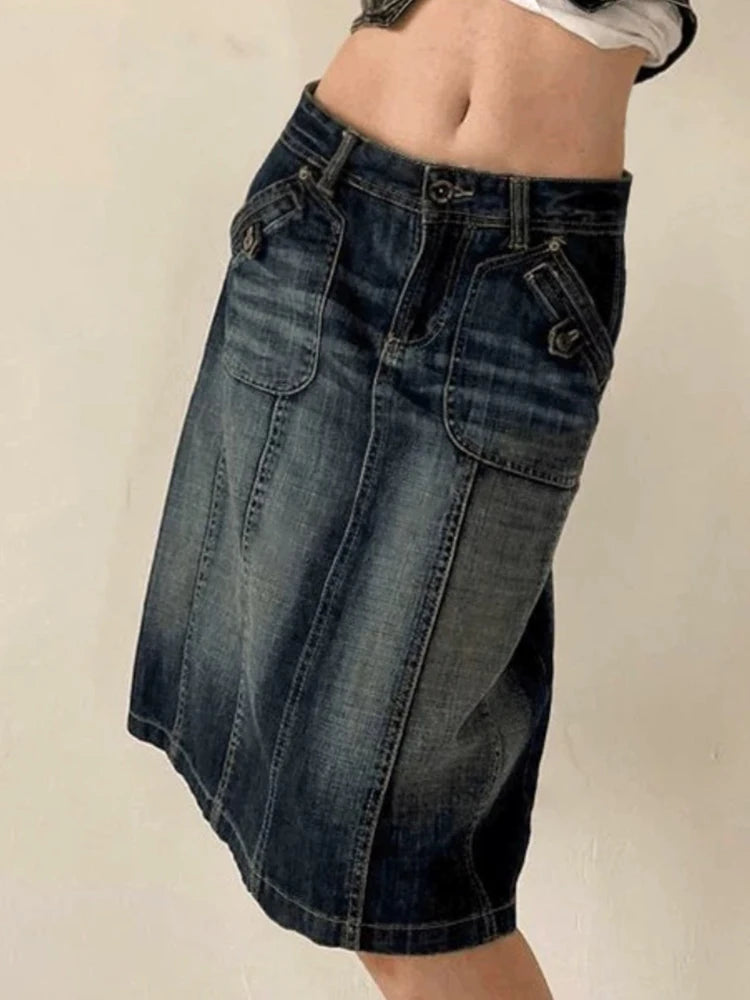 LIZAKOSHT  -  Vintage Blue Straight Denim Skirt Women American Retro Aesthetic Chic Stitch Cargo Mid Skirts Y2K Streetwear Grunge New