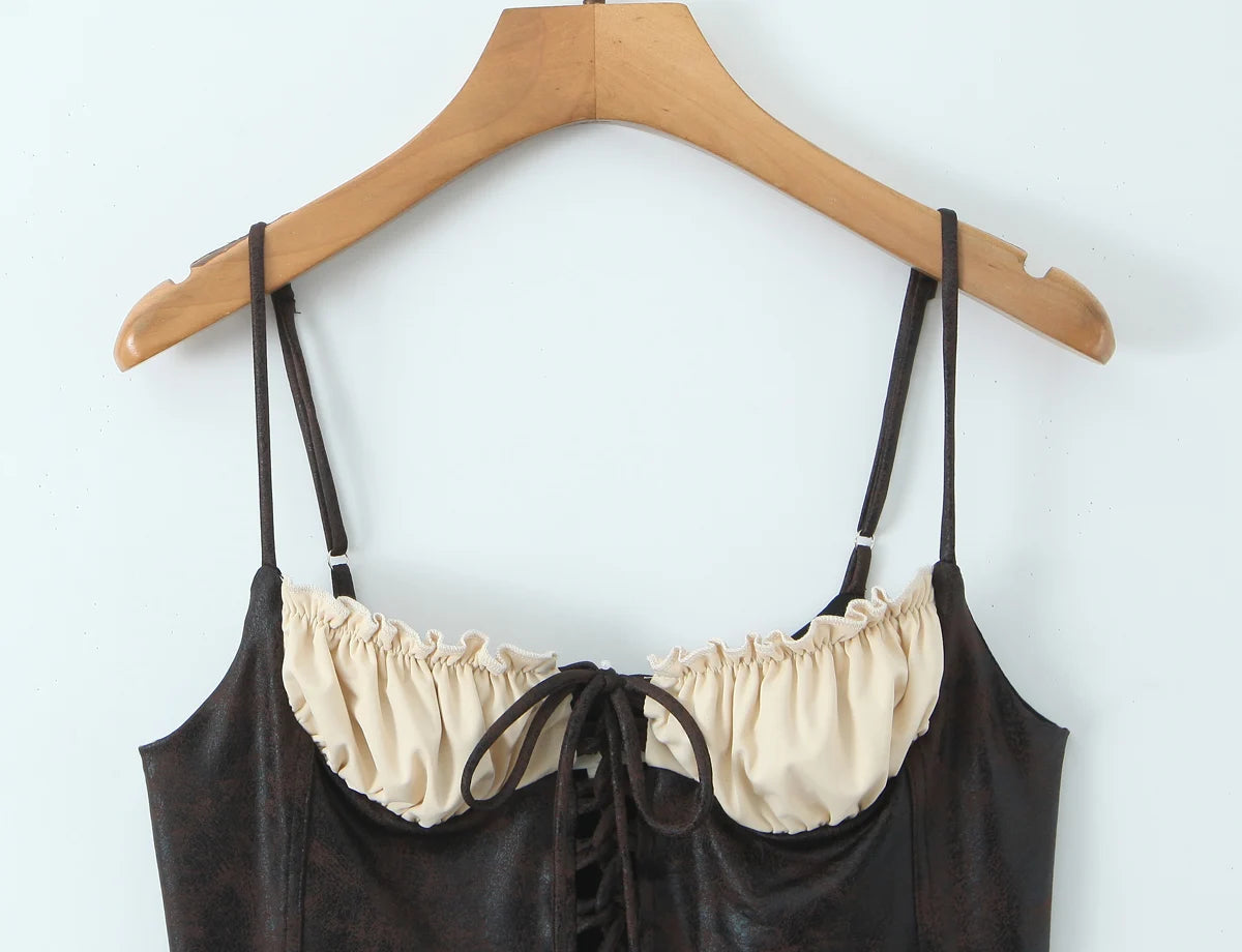 LIZAKOSHT  -  Sexy Brown Patchwork Wood ears Bra Corset Camis Women Cross Lacing up Bandage Bow Front Crop Top Camisoles Bra Tank Vest