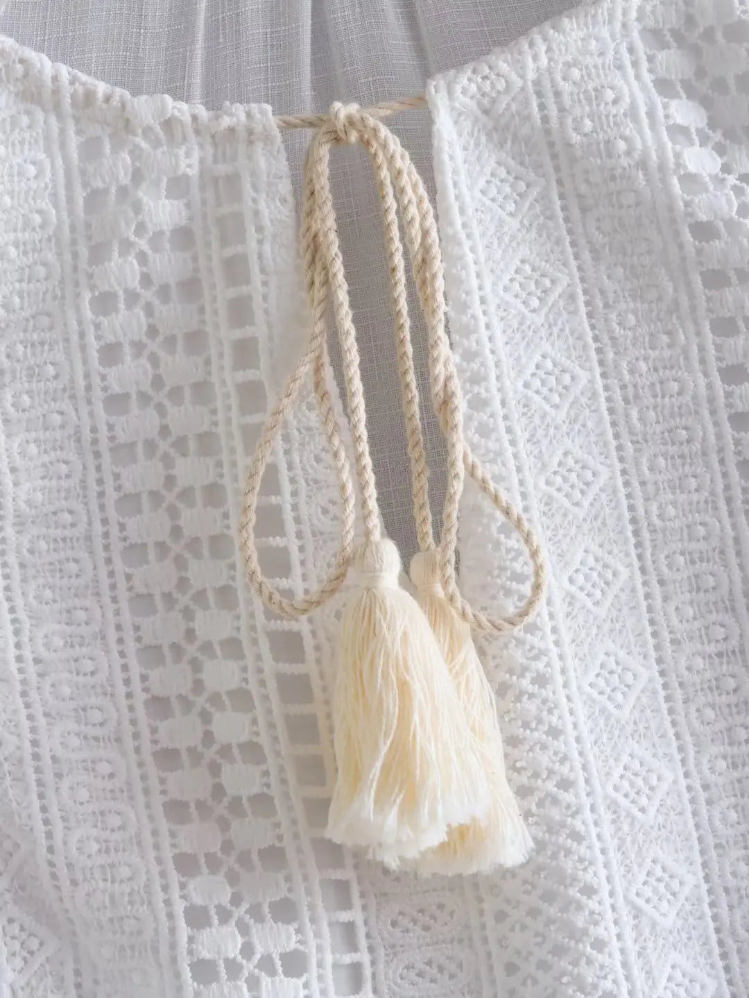LIZAKOSHT  -  White Short Sleeve Lace Dress for Women Robe Casual Lace Up Tassel O-neck Mini Dresses Summer Boho Beach Wear Vestidos