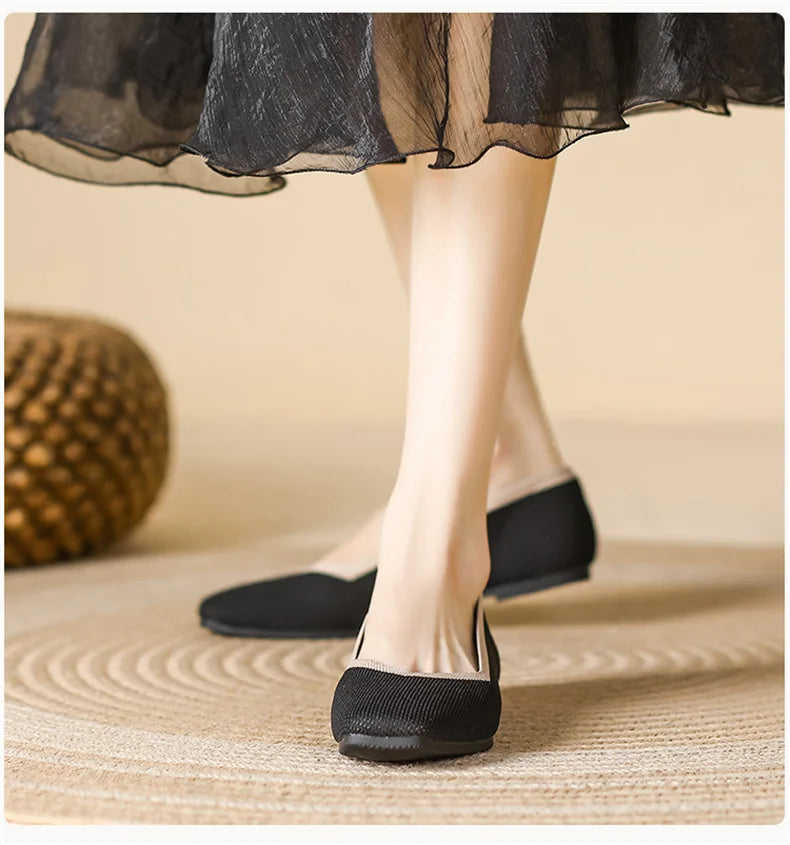 LIZAKOSHT  -  Women Spring Summer Comfort Fashion Knitting Fly Line Flat Shoes Luxury Shallow Mouth Square Toe Soft Sole Single Shoes