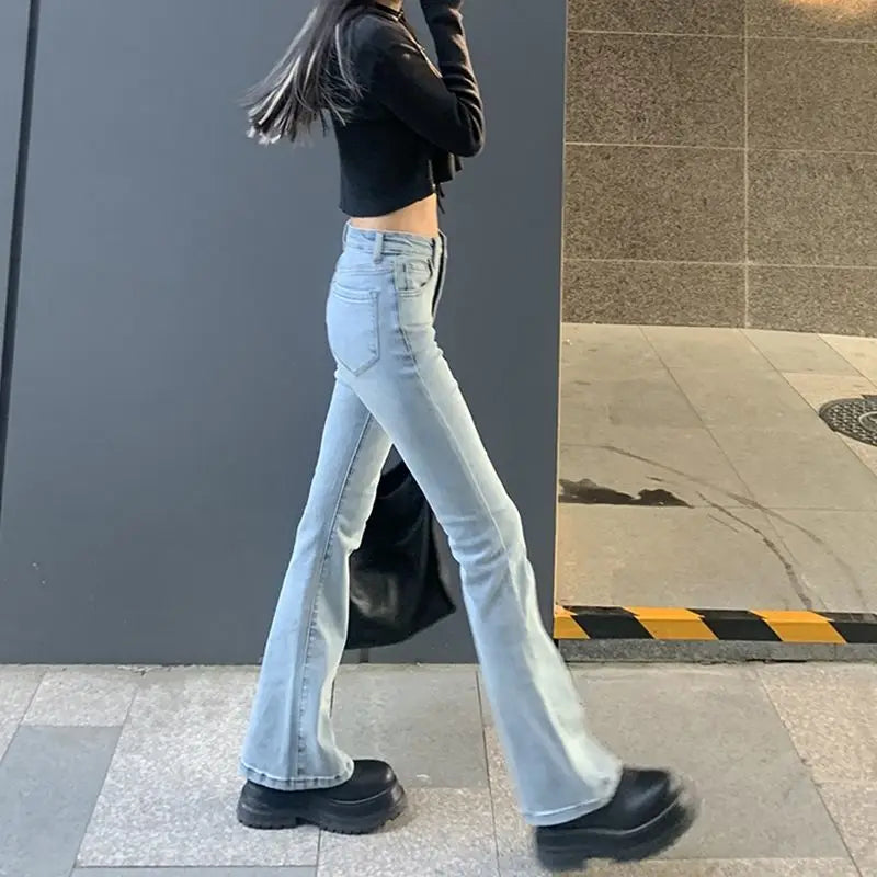 LIZAKOSHT -  Women's Elastic Slim Denim Flare Boot Cut Pants Female Lady Vintage High Waist Trumpet Full Length Jeans Streetwear for Women