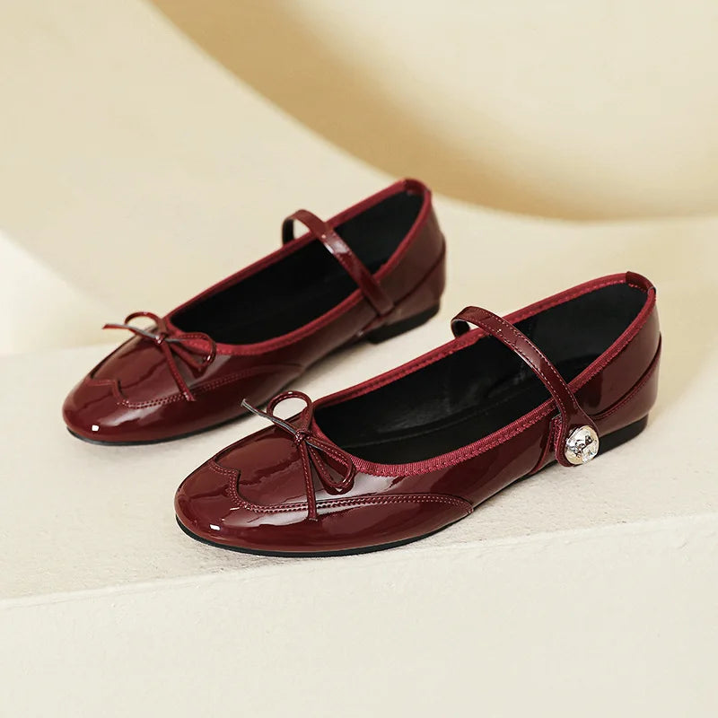 LIZAKOSHT  -  japanned leather bowtie flat shoes woman round toe rhinestone buckle mary janes ballet flats women soft bottom bow moccasins