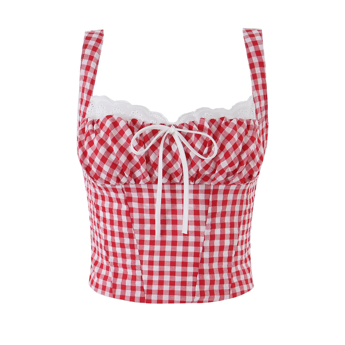 LIZAKOSHT  -  Sexy Red Plaid Spliced Lace Bow Ruched Chest Tank Top + High Waist Wood ears Mesh Lining Swing Cake Mini Skirt Suits 2pcs 1 Set