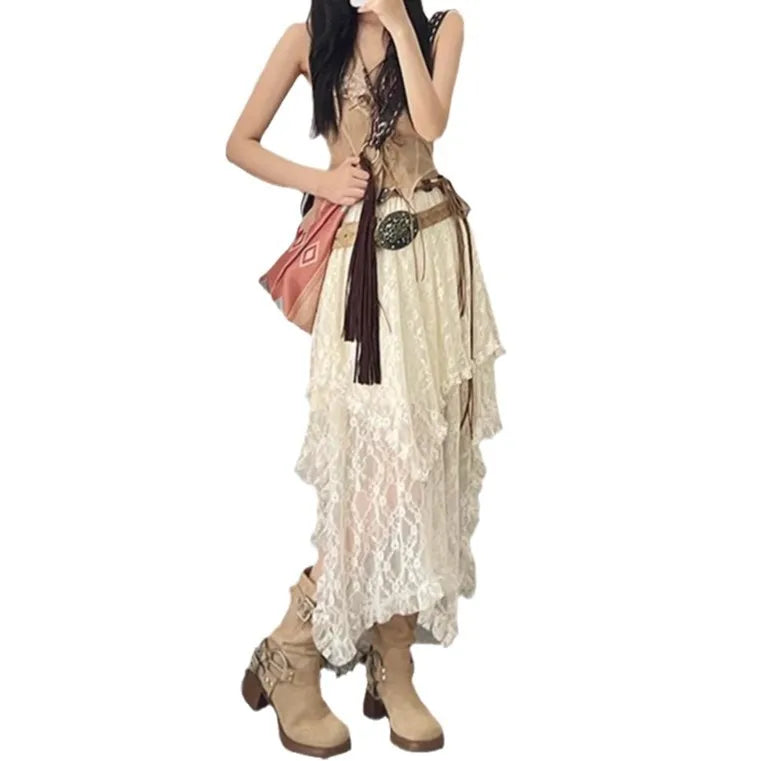 LIZAKOSHT  -  Elegant Fashion Vintage Chic Irregular Hem A-line Skirts Holiday Skirts for Women Vintage Ruffles Floral Kintted Lace Streetwear