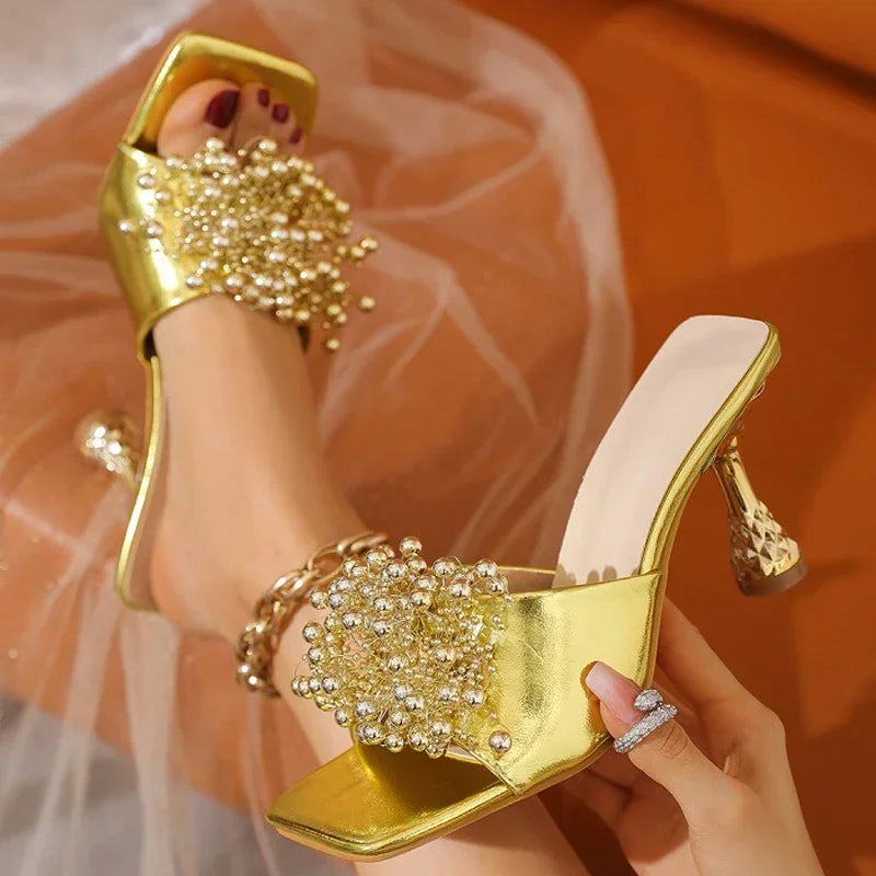 LIZAKOSHT  -  Summer Open Toe High Heels Slippers for Women String Beads Fashion Golden Slides Party Shoes Fashion Slingback Sandals Female