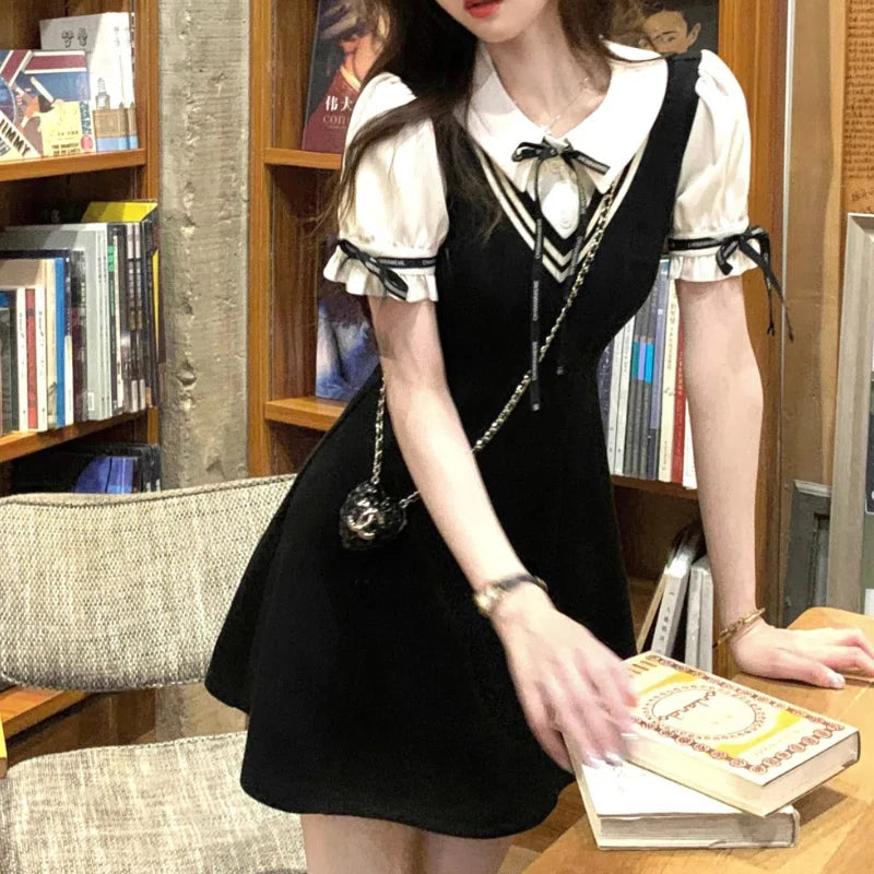 LIZAKOSHT  -  Women's Summer Preppy Style Sweet Drawstring Letter Bow Polo Collar Patchwork Fake Two Pieces Short Sleeve Slim A-line Dresses