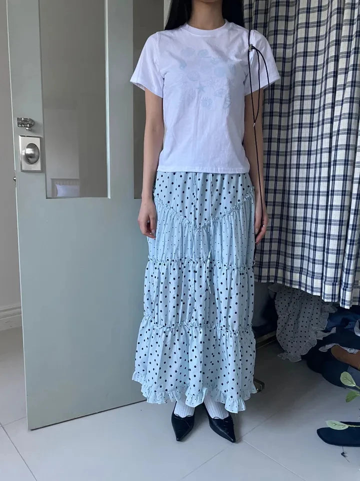 LIZAKOSHT  -  Mint Green Polka Dot Half Skirt with Lace Splicing Retro  Style Korean Waist Design Polyester Fabric H-Shape Long Skirt