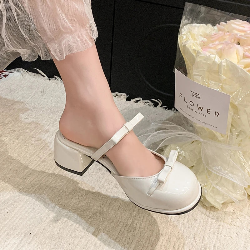 LIZAKOSHT  -  Summer Butterfly-knot Cover Toe Women Slippers Elegant Thick Heel Dress Slides Ladies Concise Slingback Dress Sandals Mule Shoes