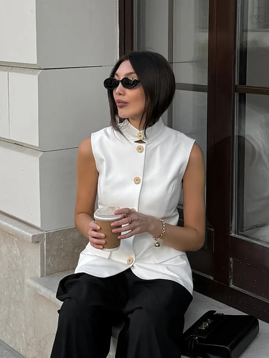 LIZAKOSHT  -  Women Sleeveless Blazer Vest White Office Waistcoat Slim Fit Workwear Summer Business Casual Top Elegant Stand Collar