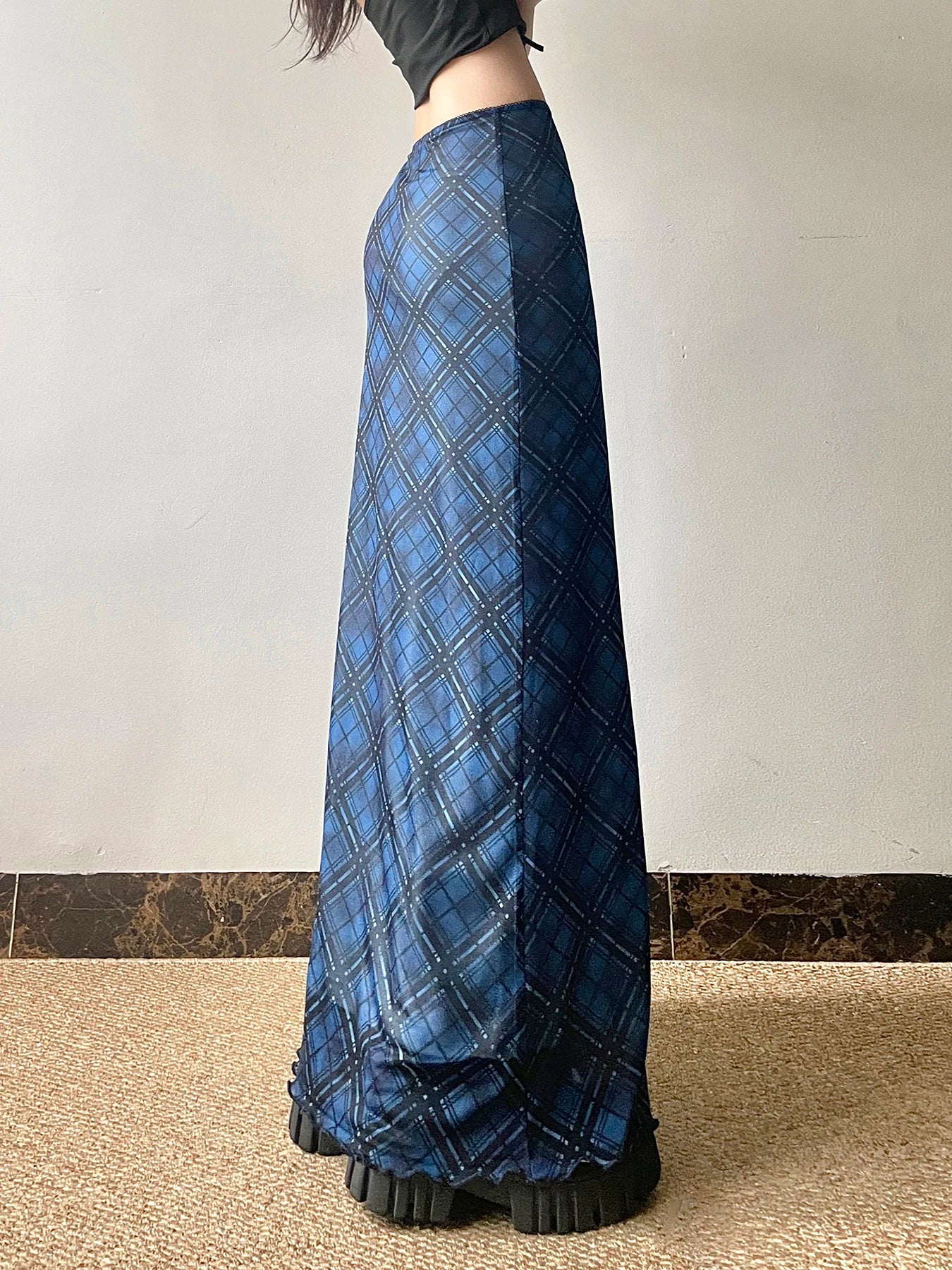 LIZAKOSHT  -  Retro Plaid Print Mesh Long Skirts Preppy Style Slim Fit Y2k Midi Skirt Chic Low Waist Straight Skirt Korean