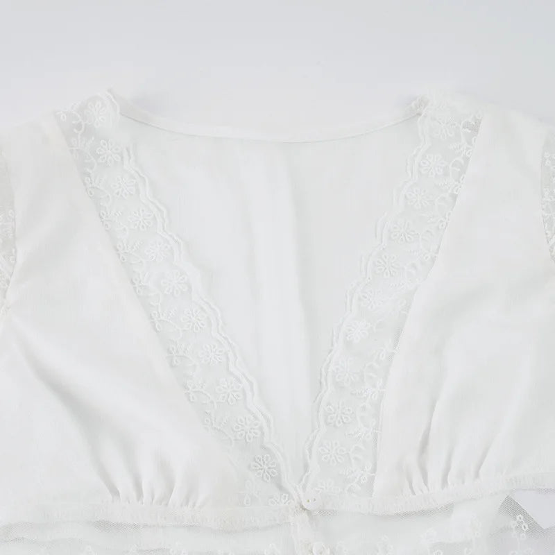 LIZAKOSHT  -  V-neck Lace Splicing Slim Top New Slim Solid Color Short-sleeved T-shirt