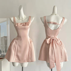 LIZAKOSHT  -  Summer Women Ballet Core Preppy Bow Satins A-line Dress Mini Frocks Backless One-Piece Evening Party Shoujo Gyaru Old Money
