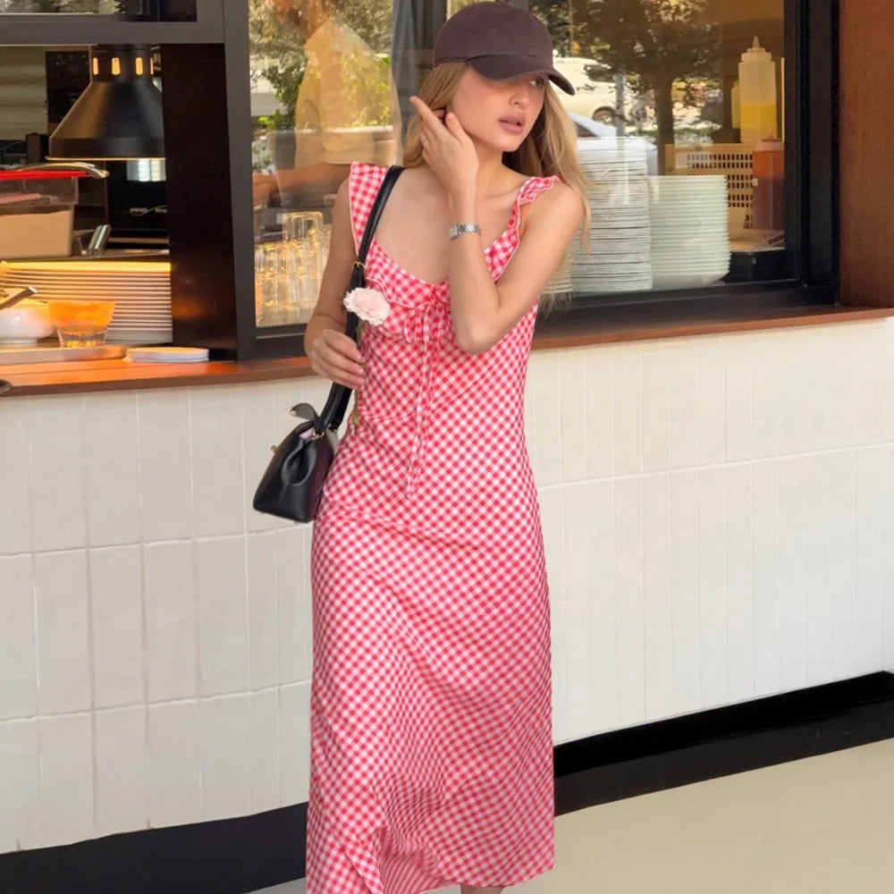 LIZAKOSHT  -  Sexy V-neck Plaid Print Fashion Maxi Dress For Women Spaghetti Patchwork Sleeveless Vacation Long Dress Elegant Vestido