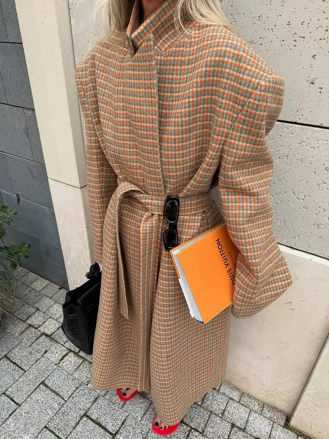 LIZAKOSHT  -  Women Checkered Coat Elegant Stand Collar Belted Long Loose Outerwear New Autumn Fashion Street Office Commute Lady Overcoat
