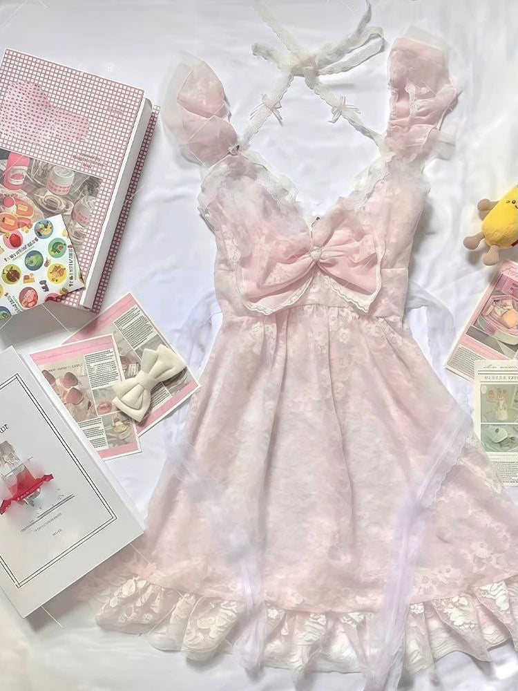 LIZAKOSHT  -  Summer Sweet New Pink Bow Dress Suit Women's Fashion Kawaii Cute Lace Overclothes France Designer Slim A-line Sling Dresses