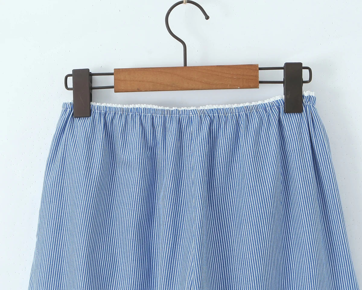 LIZAKOSHT  -  CHIC Blue White Stripes Cotton Wide leg Pants Women Elastic Waist Loose Casual Floor Length Trousers Pants Pink