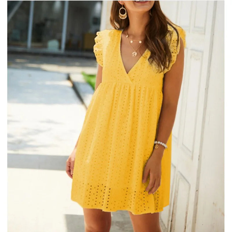 LIZAKOSHT  -  Temperament Commuter Women's Wear Summer V-Neck Short Sleeve Lace Dress