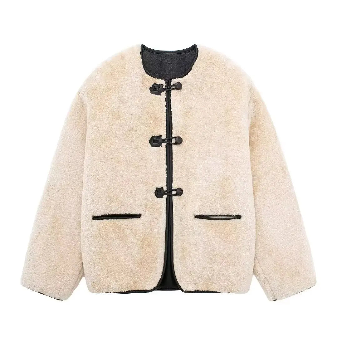 LIZAKOSHT  -  Mid Length Leather Fur One-Piece Jacket Coat Knot Buckle Lamb Faux Fur Overcoat Round Neck Women Classic Two Wear Outwear Top