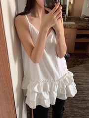 LIZAKOSHT  -  South Korea Chic Dress Spring French Temperament V-neck Loose Casual Splicing Layer Ruffled Halter Blouse Woman Dresses