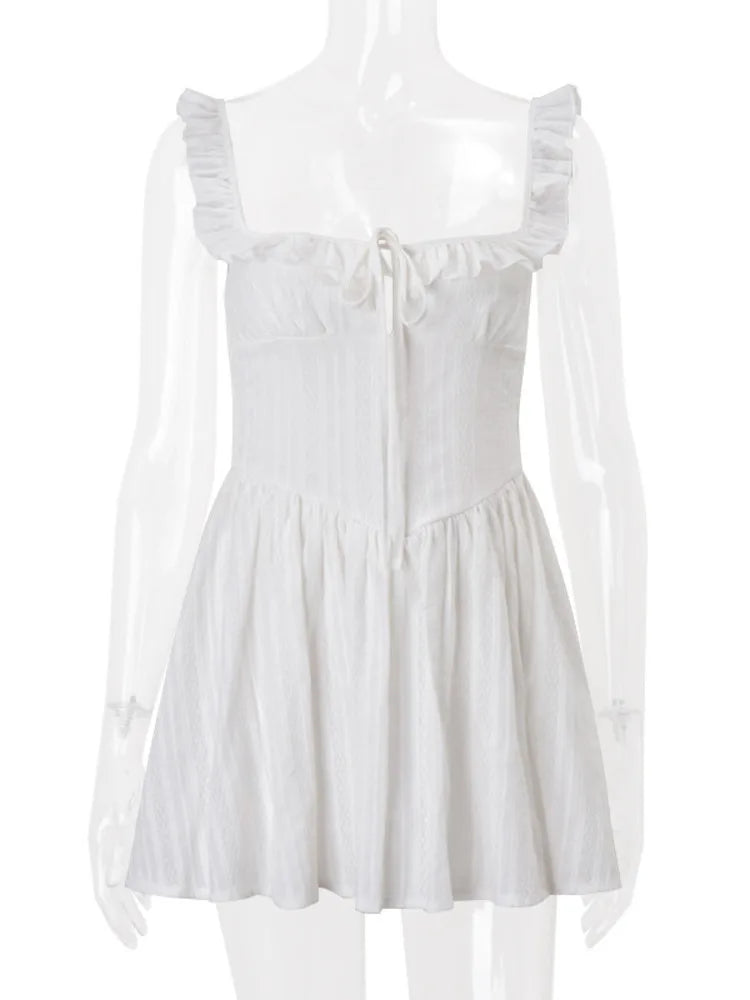 LIZAKOSHT  -  Ruffied Square Collar Mini Dress Women Spaghetti Strap Sleeveless Patchwork Summer High Waist Slim A-line Holiday Dress