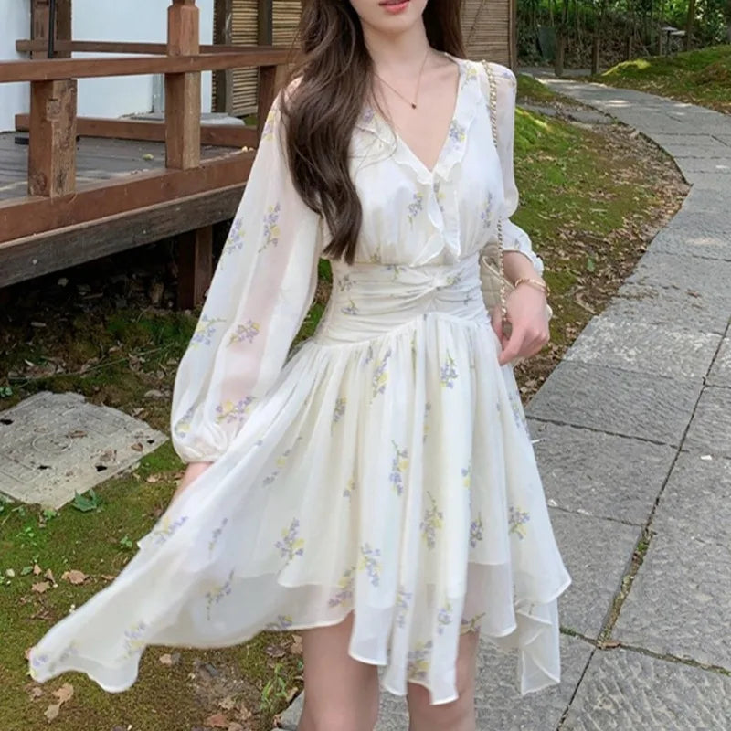 LIZAKOSHT  -  Print Floral Women Dresses Lantern Sleeve V Neck Ruffles Vestidos Mujer Korean Fashion Sweet Elegant Mini Dress
