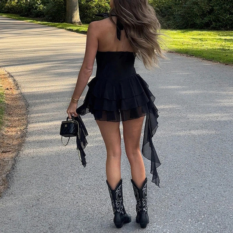 LIZAKOSHT  -  New Arrivals Black Halter V-neck Ruffles Tassels Trim Lace Up High Waisted Fashion Sexy Women's Jumpsuits Shorts Party Wear