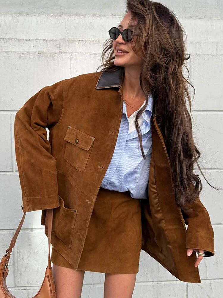 LIZAKOSHT  -  Women Brown Suede Short Jacket Leather Lapel Pockets Single Breasted Outerwear 2025 New Autumn Fashion High Street Lady Jackets