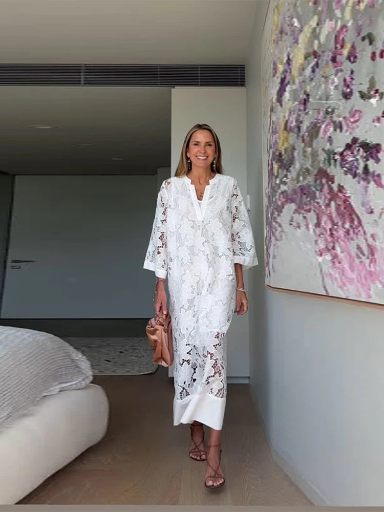 LIZAKOSHT  -  Solid Lace Hollow Out Women's Dress Elegant V-neck Patchwork Puff Sleeve Long Dressess Female Summer Fashion New Lady Robes