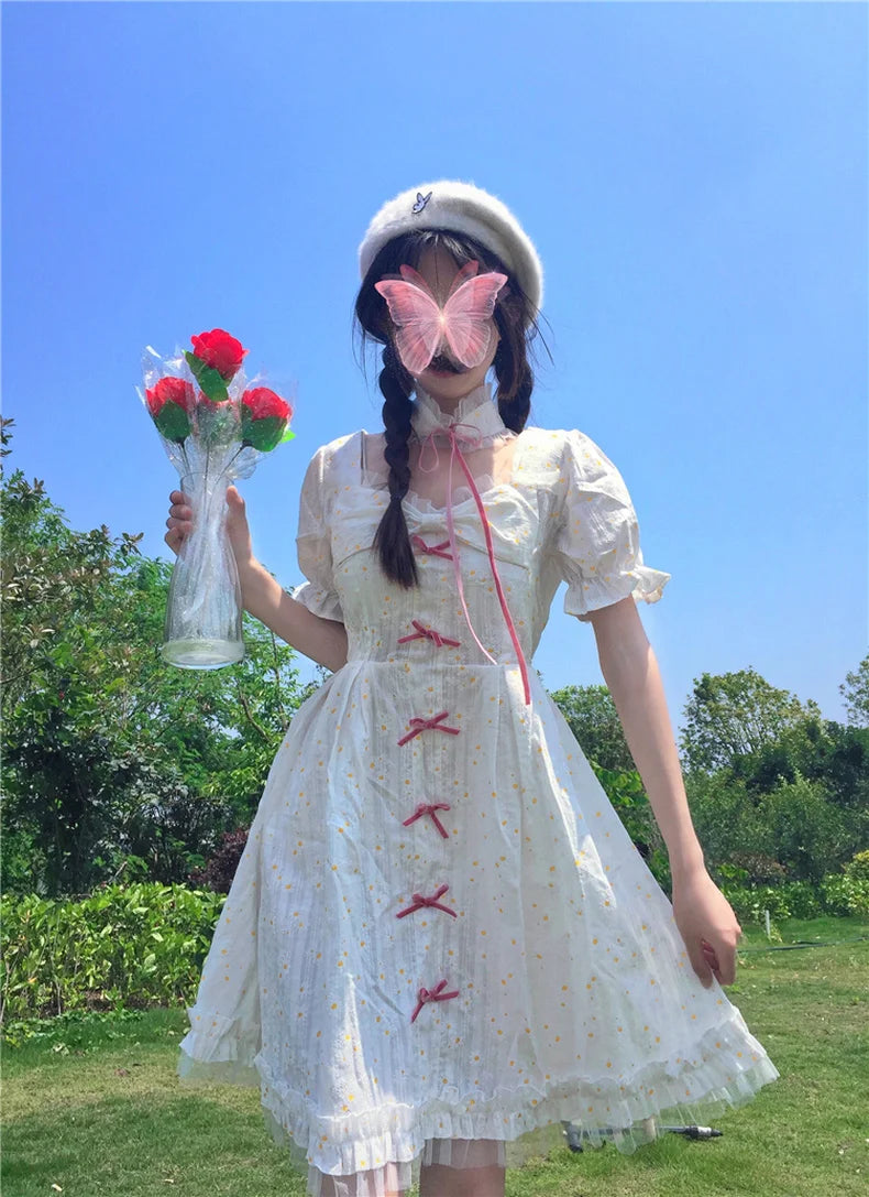 LIZAKOSHT  -  Summer Dress New Japanese Girl Style  Fresh Square Collar Small Daisy Bubble Sleeve High Waist Dress Victorian Kawaii Girl