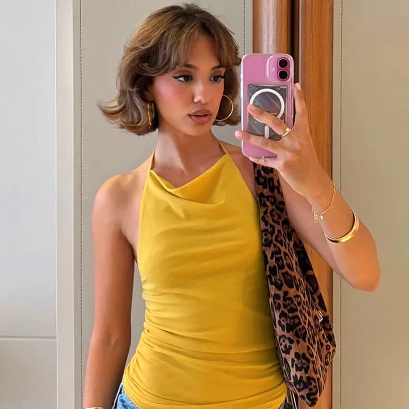 LIZAKOSHT  -  European and American hot girls women's spring summer new solid color sexy backless mesh halterneck top women's 2025