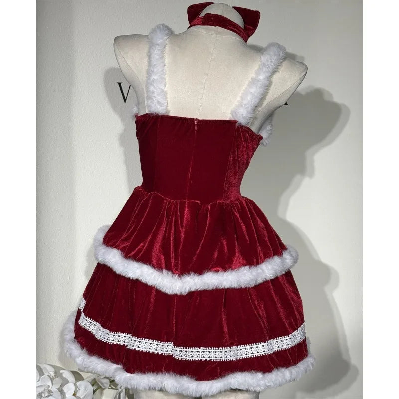  LIZAKOSHT  -  Women Christmas Wine Red Lace Fuzzy Trim Sleeveless A‑Line Dress with Bow Headband Festival Costume