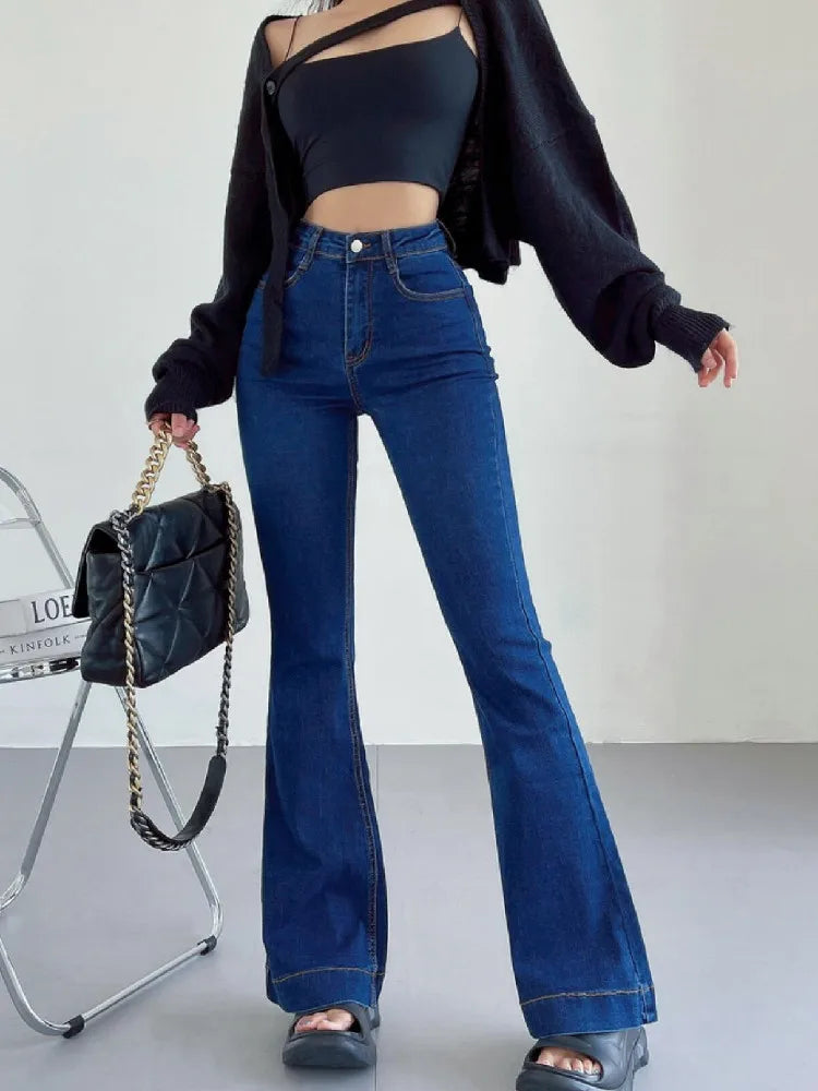 LIZAKOSHT  -  Women Vintage Stretch Denim Pants Streetwear Long Trousers Blue Black Gray Autumn Retro High Waist Floor Length Flare Jeans