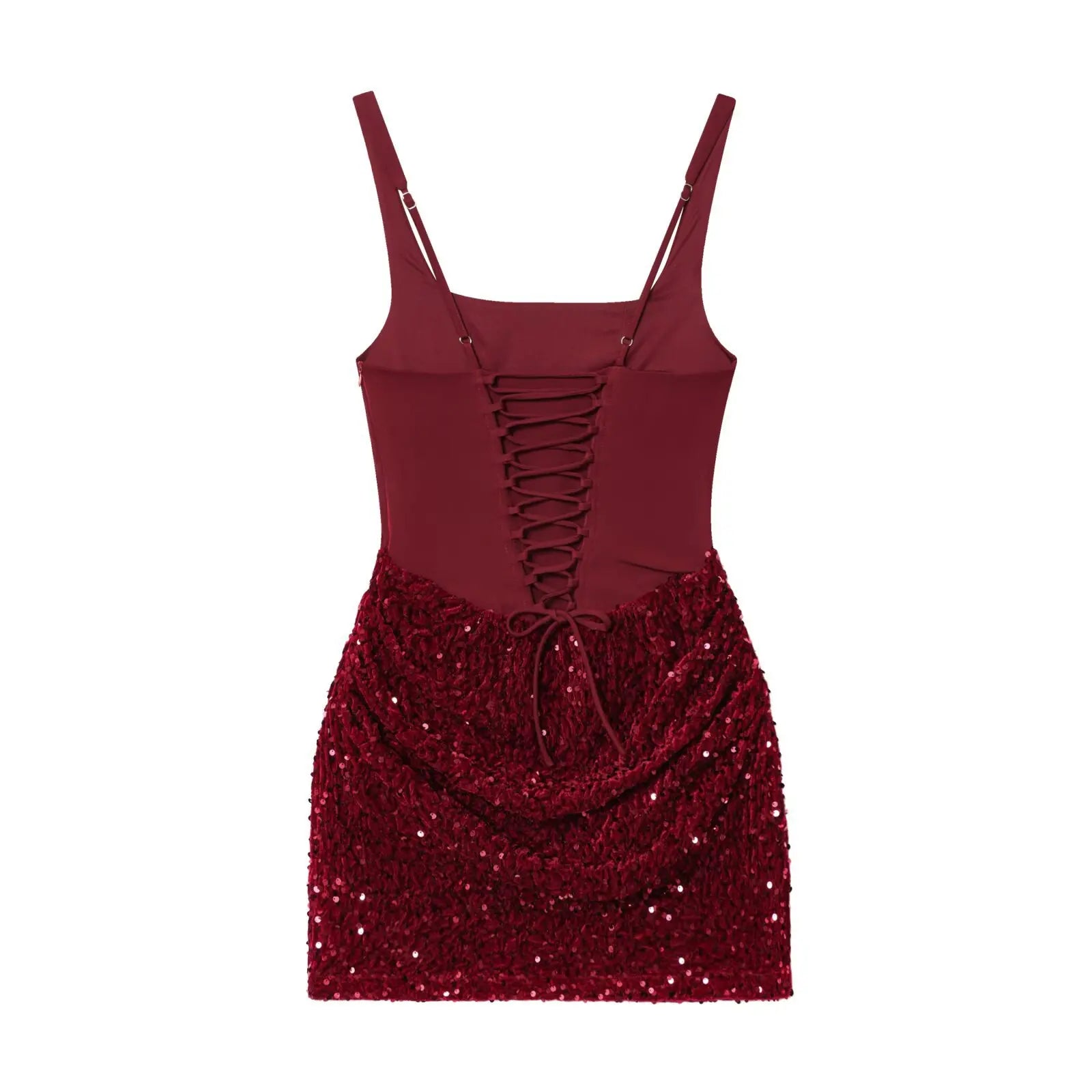 LIZAKOSHT  -  Women Sleeveless Draped Sequin Corset Mini Dress Burgundy