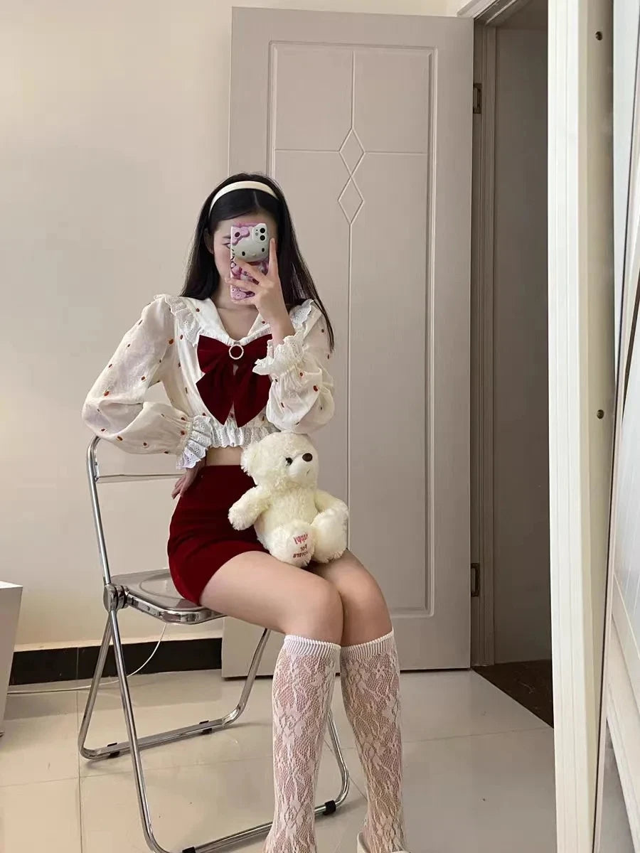 LIZAKOSHT  -  Autumn Korea Women 2PCS Skirt Suit Sweet Bow Polka Dot Long Sleeve Blouse+ High Waist A Line Mini Red Skirt Party Club Outfits
