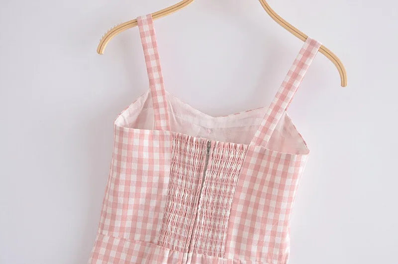 LIZAKOSHT  -  Retro French Pink Gingham Plaid Print Sling Dress Sexy Summer Woman Backless Spaghetti Strap Dresses Strapless Holiday Robe