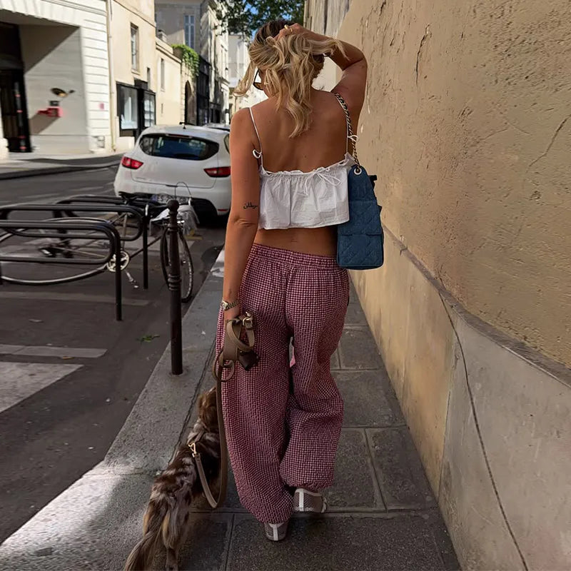 LIZAKOSHT  -  Elastic Drawstring Plaid Jogger Bottom Grid Thigh Cut Ankle Cuffs Summer Autumn Indoor Casual Lady  Vintage Cozy Outfit