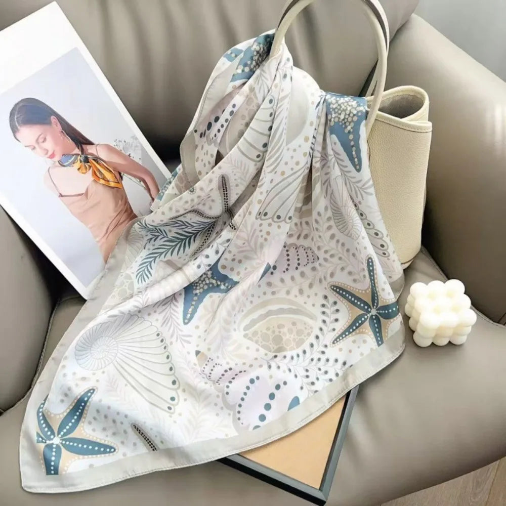 LIZAKOSHT  -  New Shell Silk Square Scarf Satin Starfish Neck Hair Tie Foulard Bandana Hijab Headband Hair Accessories