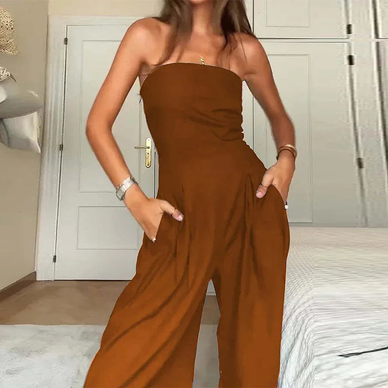 LIZAKOSHT  -  Temperament High Waist Commute Rompers High Street Fashion Slim Wide Leg Playsuits Elegant Lady Sleeveless Solid Color Jumpsuits
