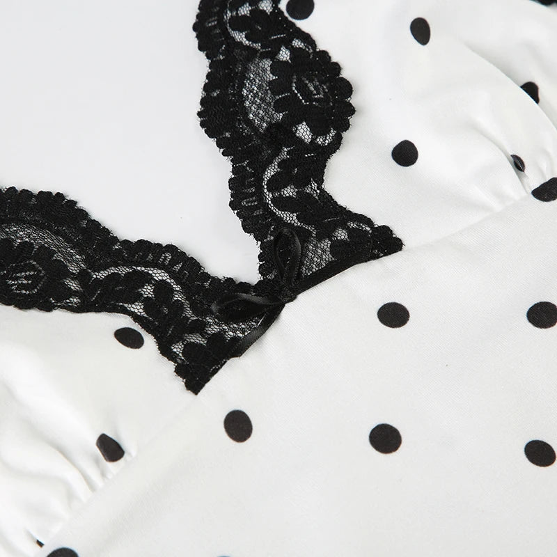LIZAKOSHT  -  Lace Polka Dot Spaghetti Strap Dresses Sexy Hot Sweet Sleeveless Cloth Y2K Aesthetic Korean Fashion Women Outfits