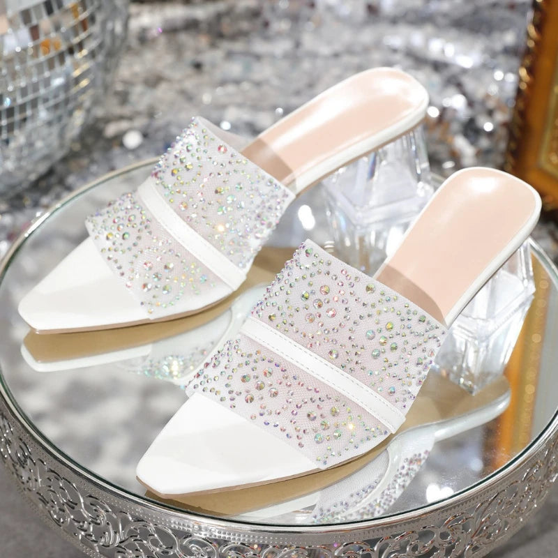 LIZAKOSHT  -  Luxury Rhinestone Transparent Thick Rooted Slippers Women Branded Designed Pointed Toe Open Toe High Heeled Sandal Dress Pumps