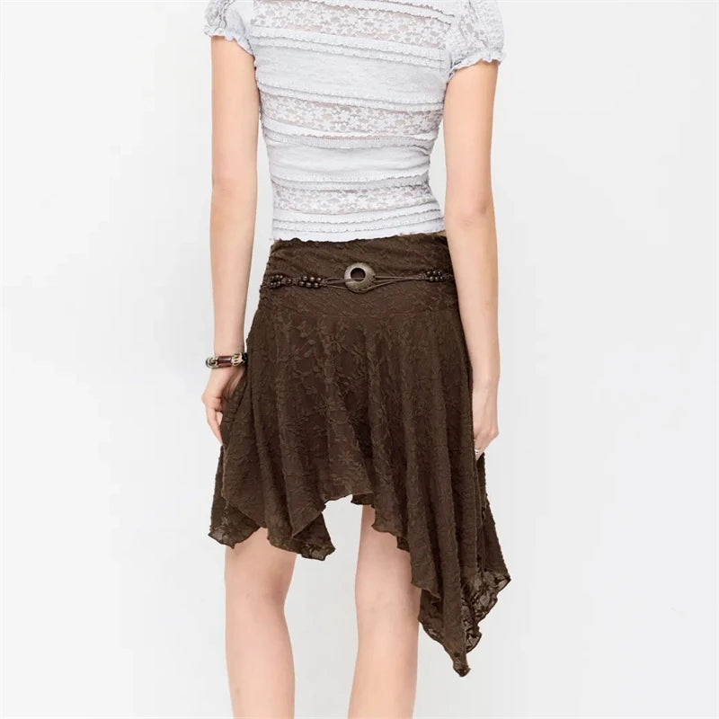 LIZAKOSHT  -  Womens Asymmetrical Hem Skirt Boho Lace Low Rise Floral Midi Skirt with Belt for Casual Bohemian and Daily Wear